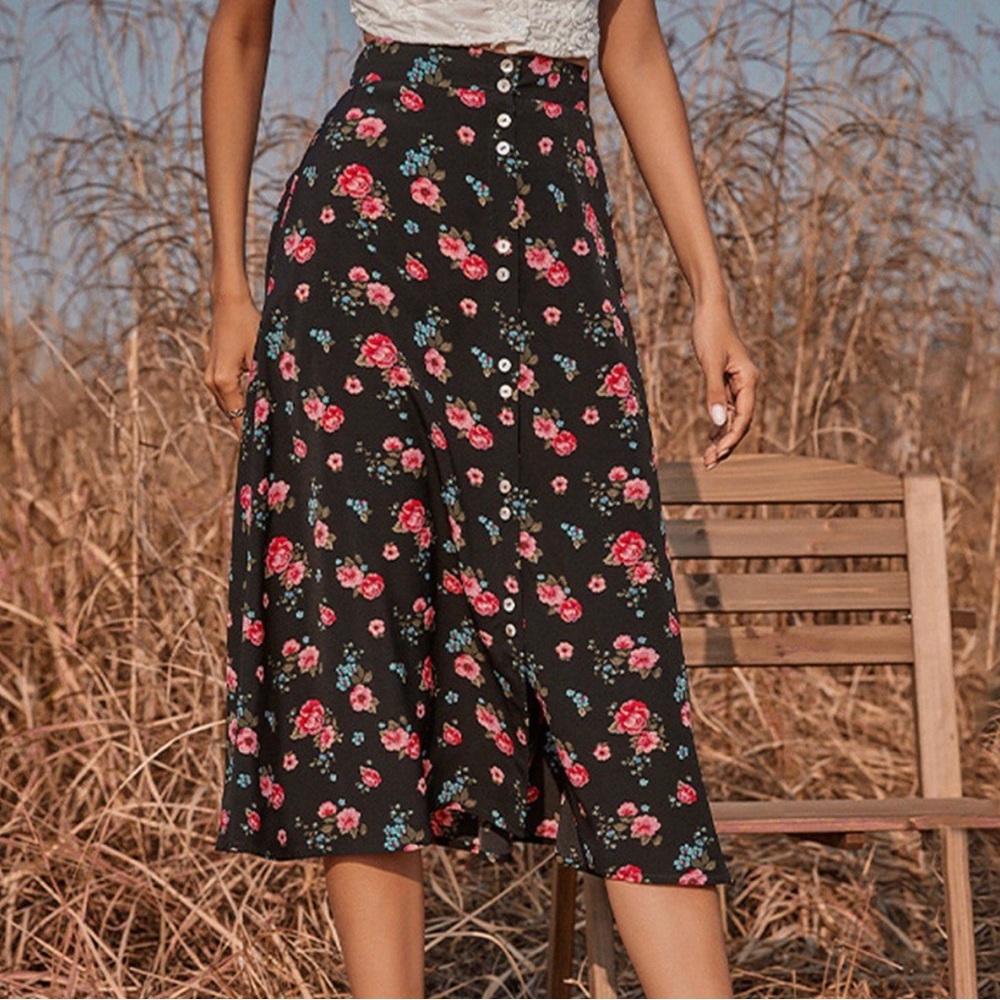 RIHOAS Black Floral Button-Front Midi Dress – Size 10 – NWT